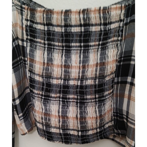 Active USA Womens Long Puff Sleeve Cropped Top Smocked Plaid Check Multicolor L - Picture 6 of 9